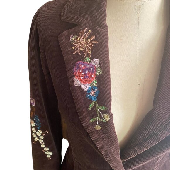 Y2K corduroy floral embroidered dark brown True Meaning blazer jacket - Picture 10 of 16